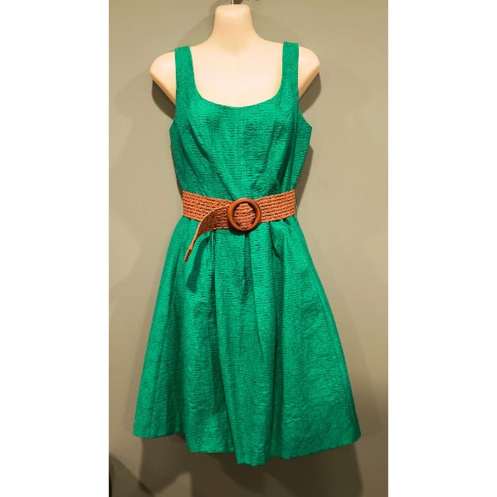 Nine West Sleeveless Fully Lined Pleated Dress with Straw Belt, Green, Sz 4